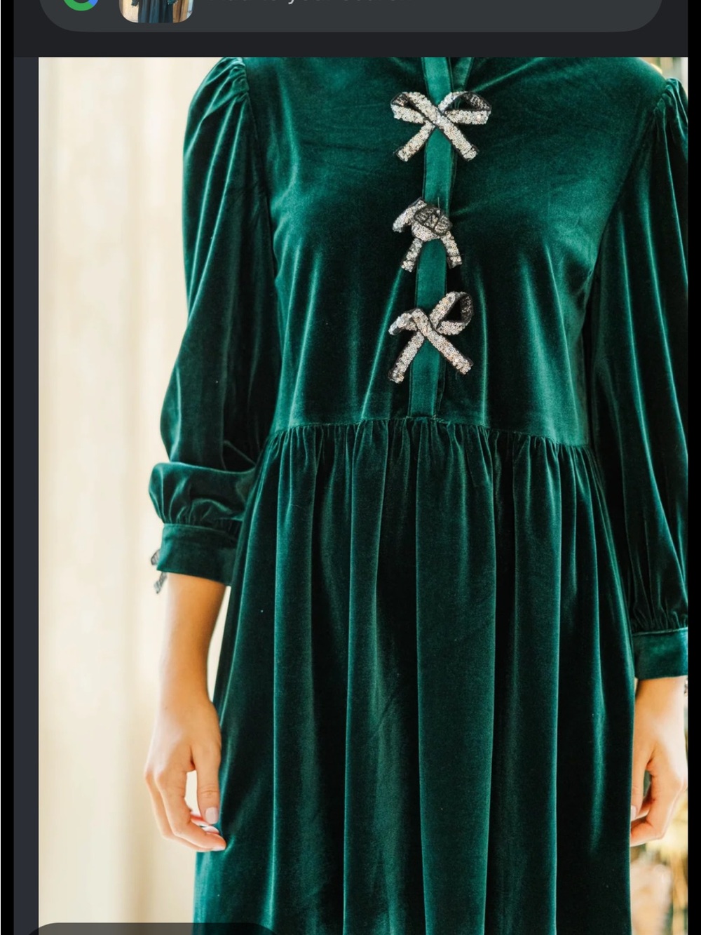 Emerald Velvet Long-Sleeve Bow-Accent Midi Dress